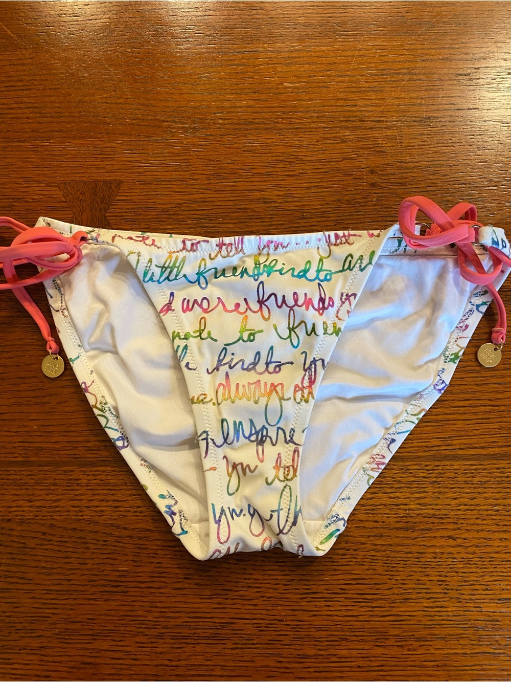PINK Victoria's Secret White Bikini Bottoms with Multicolor Script and Pink Ties